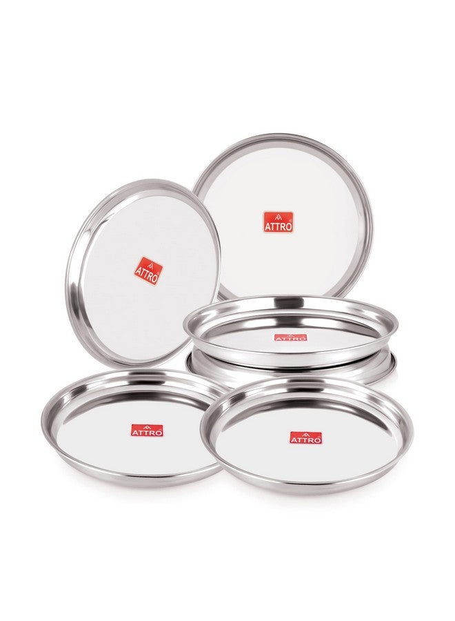 Attro 6 Pieces Prisma Stainless Steel Thali/Dinner Plates, Food Grade Quality Round Plate Set for Home, Restaurants & Outdoor - Silver - Image 1