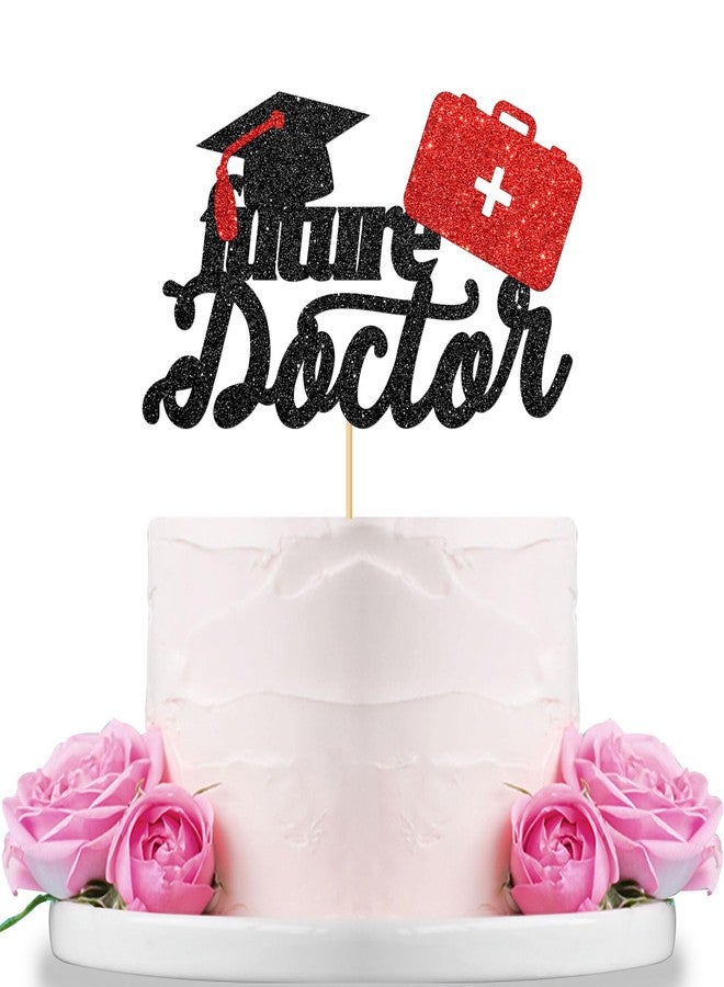 WeBenison Future Doctor Cake Topper Medical School Graduation Congrats Doctor Cake Decorations Doctor Dentist Graduate Party Decorations Supplies Black Red Glitter - Image 1