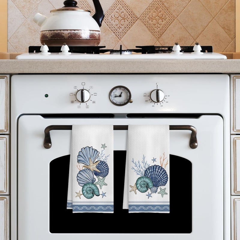 COWEB Coastal Beach Kitchen Towels Set of 2, Ocean Seashell Hand Towels for Bathroom, Coastal Dish Towels for Kitchen, Beach Bathroom Kitchen Decor, Nautical Kitchen Dish Hand Towels, 16x24 Inches - Image 4