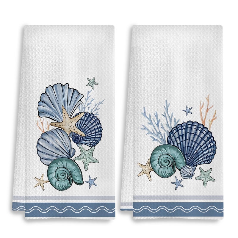 COWEB Coastal Beach Kitchen Towels Set of 2, Ocean Seashell Hand Towels for Bathroom, Coastal Dish Towels for Kitchen, Beach Bathroom Kitchen Decor, Nautical Kitchen Dish Hand Towels, 16x24 Inches - Image 1