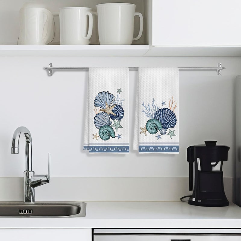 COWEB Coastal Beach Kitchen Towels Set of 2, Ocean Seashell Hand Towels for Bathroom, Coastal Dish Towels for Kitchen, Beach Bathroom Kitchen Decor, Nautical Kitchen Dish Hand Towels, 16x24 Inches - Image 3