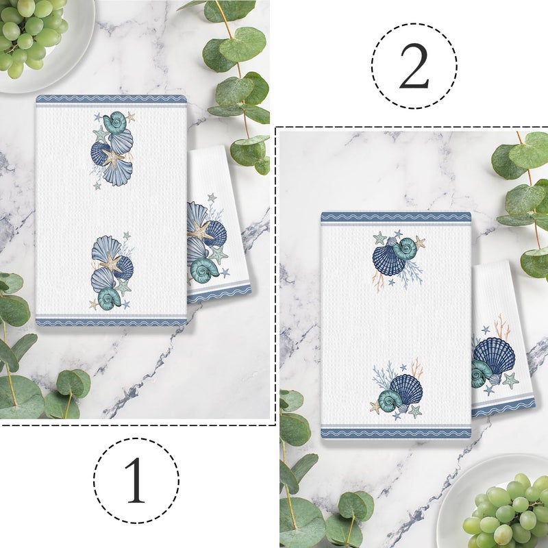 COWEB Coastal Beach Kitchen Towels Set of 2, Ocean Seashell Hand Towels for Bathroom, Coastal Dish Towels for Kitchen, Beach Bathroom Kitchen Decor, Nautical Kitchen Dish Hand Towels, 16x24 Inches - Image 2