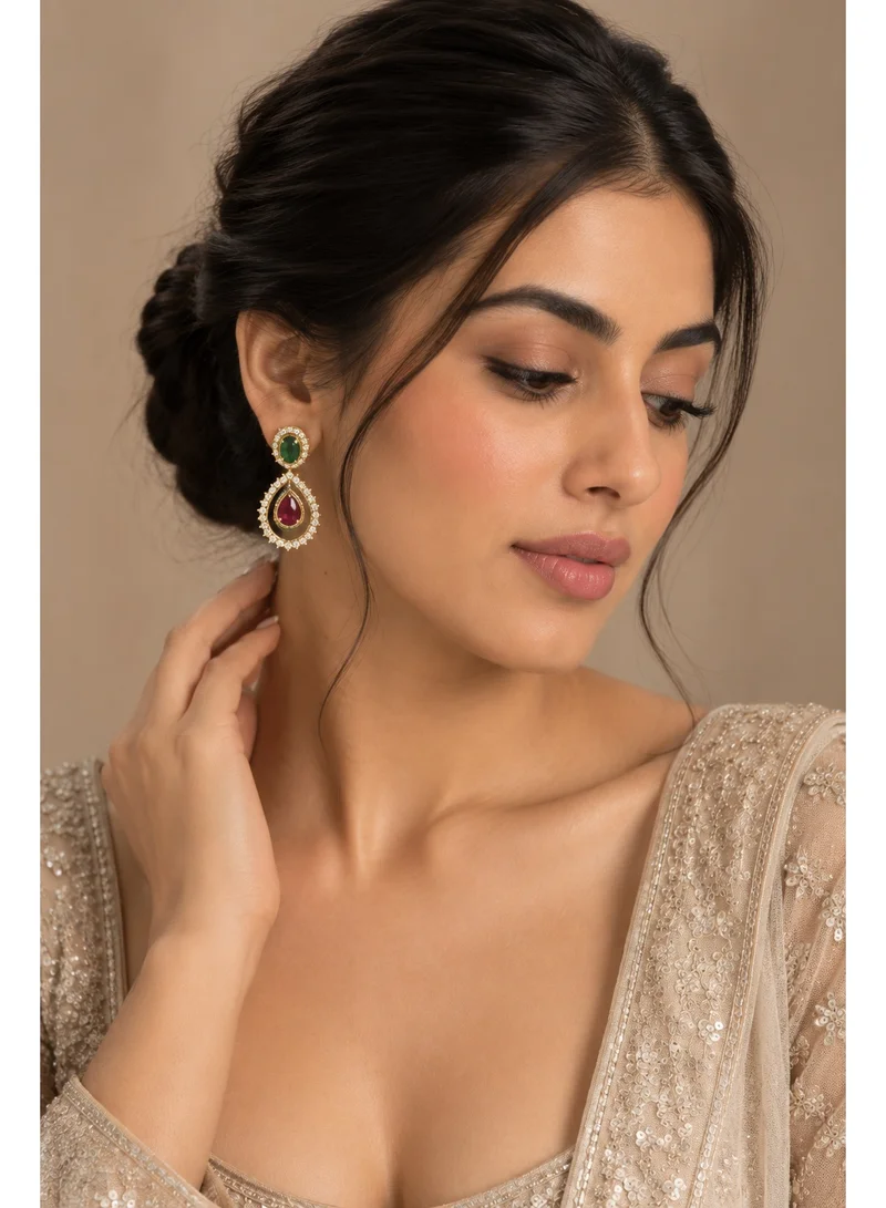 Lehar Indian Gold-Plated Stone Studded Teardrop Earrings – Emerald Green & Ruby Red Color Halo Drop Earrings, Wedding & Party Jewelry for Women