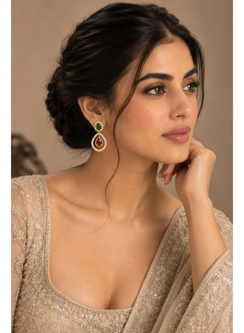 Lehar Indian Gold-Plated Stone Studded Teardrop Earrings – Emerald Green & Ruby Red Color Halo Drop Earrings, Wedding & Party Jewelry for Women