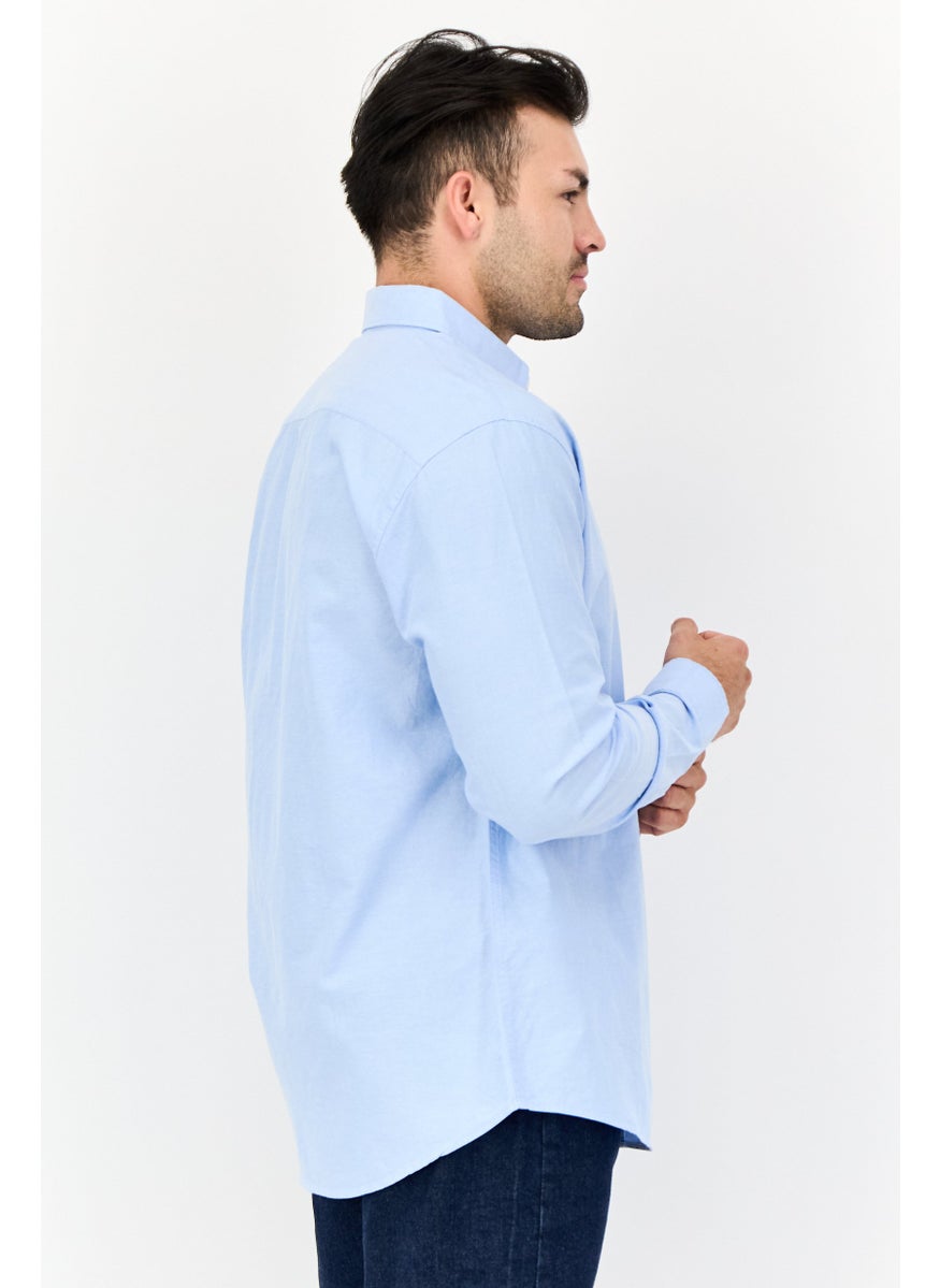 Algspar Men Regular Fit Solid Long Sleeves Casual Shirt, Blue  - Image 4