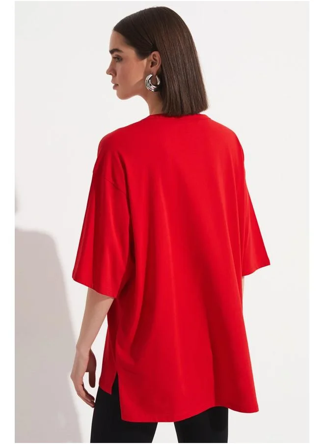 JUNE June Loose Cut 100% Cotton T-Shirt Red