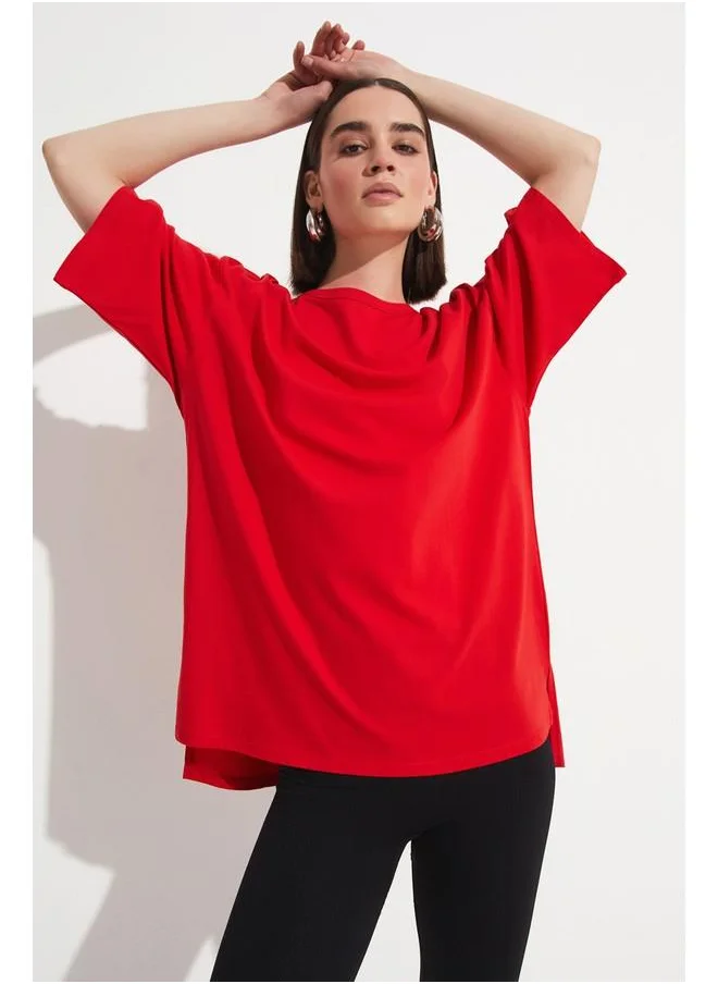 JUNE June Loose Cut 100% Cotton T-Shirt Red