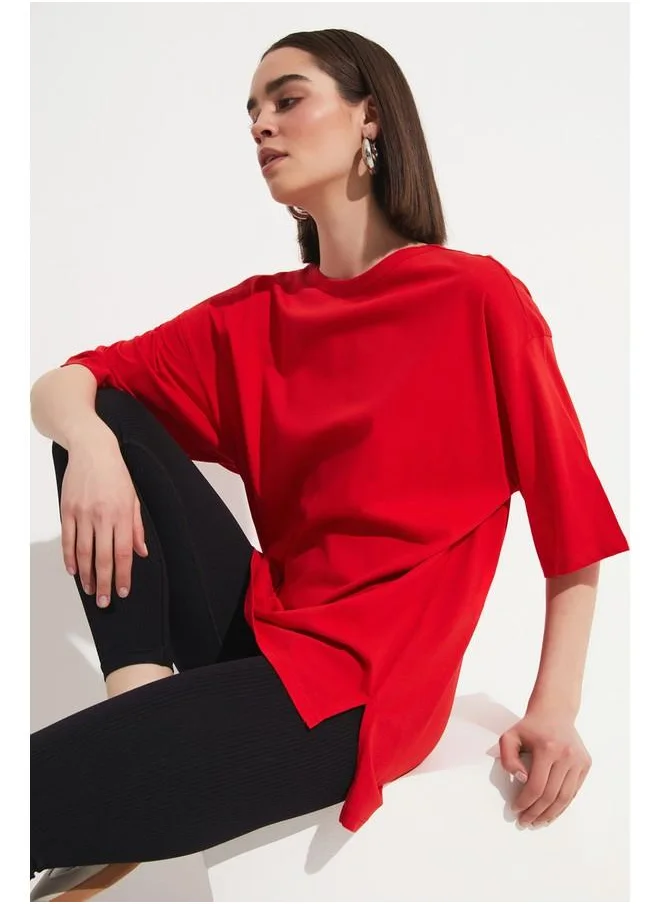 JUNE June Loose Cut 100% Cotton T-Shirt Red