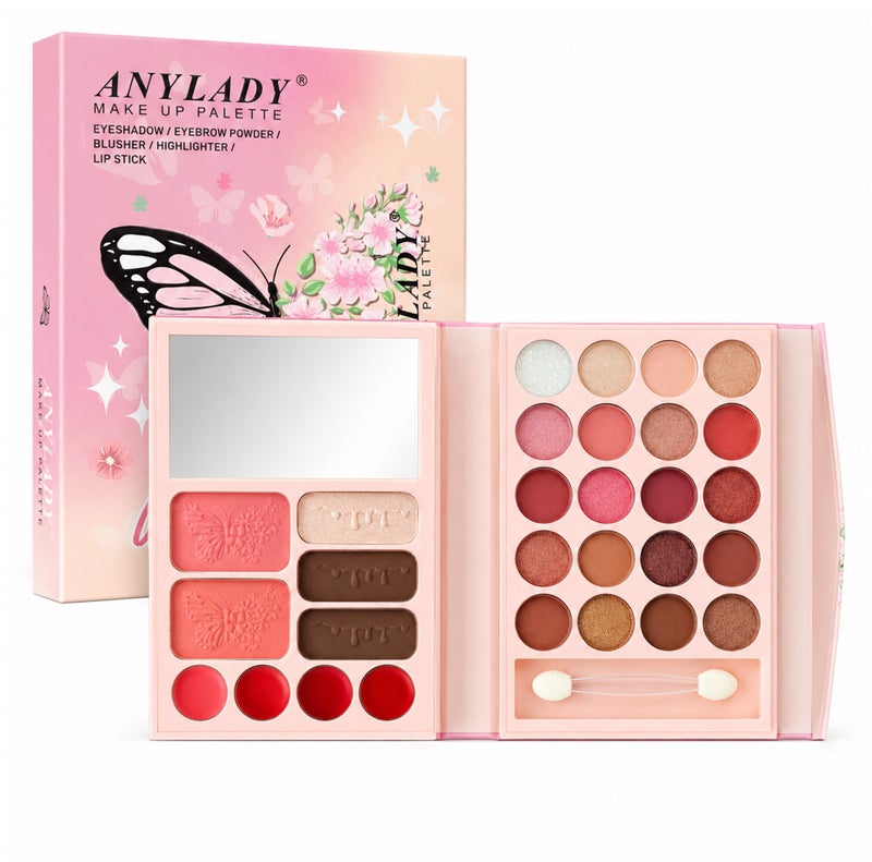 Me Now All in One Makeup Palette Butterfly Eyeshadow Kit with Blusher, Highlighter, Eyebrow Powder Lip Colors Mirror and Applicator (Pink Butterfly) - Image 1
