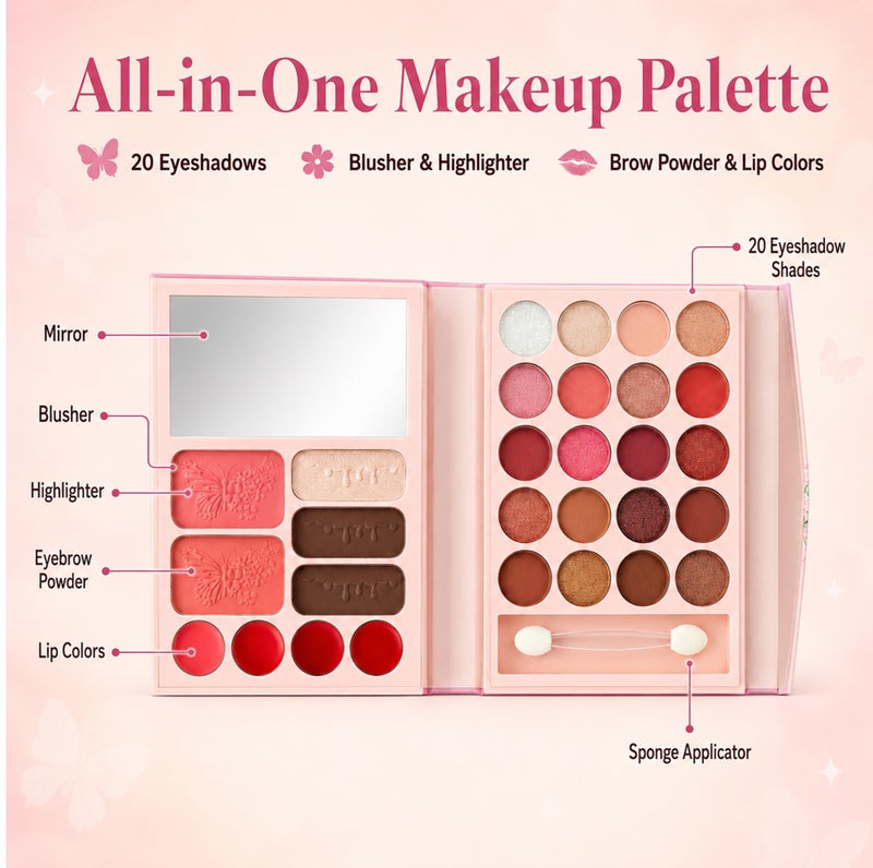 Me Now All in One Makeup Palette Butterfly Eyeshadow Kit with Blusher, Highlighter, Eyebrow Powder Lip Colors Mirror and Applicator (Pink Butterfly) - Image 2