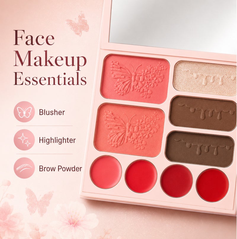 Me Now All in One Makeup Palette Butterfly Eyeshadow Kit with Blusher, Highlighter, Eyebrow Powder Lip Colors Mirror and Applicator (Pink Butterfly) - Image 4