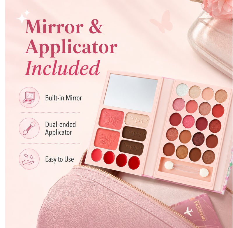 Me Now All in One Makeup Palette Butterfly Eyeshadow Kit with Blusher, Highlighter, Eyebrow Powder Lip Colors Mirror and Applicator (Pink Butterfly) - Image 5