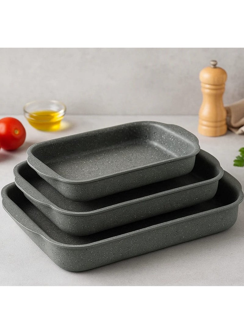 OZO 3Pcs Granite Rectangular Baking Trays , 31,33,35 Cm , Made in Turkey  - Image 1