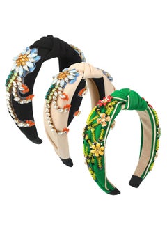 Giegxin Giegxin 3Pcs Rhinestone Crystal Wide Headbands Handmade Knot Vintage Women Headband Wide Hairbands Hair Hoops for Women Girls Hair Accessories 3 Colors 