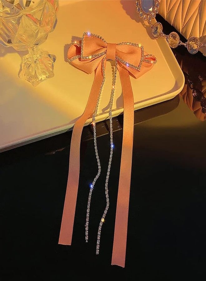 RECTYO GALLERY 1 pcs Luxury Elegant Rhinestones Hair Clip Big Bow Hairpins For Girls, Ribbon Long Tassel Rhinestone Headband Hair Clips Accessories French Design Barrettes Fashion (Pink) - Image 3