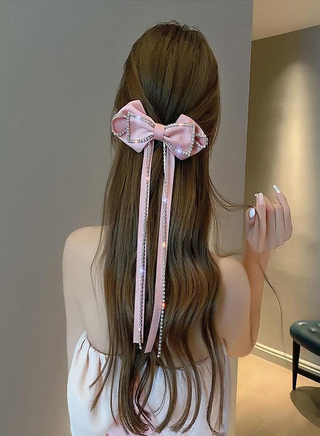RECTYO GALLERY 1 pcs Luxury Elegant Rhinestones Hair Clip Big Bow Hairpins For Girls, Ribbon Long Tassel Rhinestone Headband Hair Clips Accessories French Design Barrettes Fashion (Pink) - Image 1
