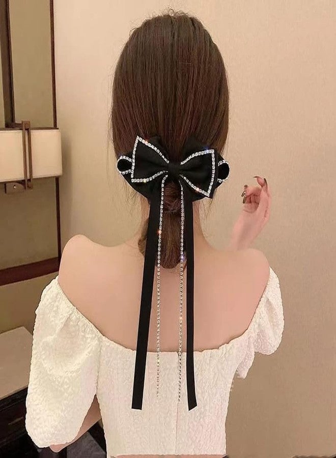 RECTYO GALLERY 1 pcs Luxury Elegant Rhinestones Hair Clip Big Bow Hairpins For Girls, Ribbon Long Tassel Rhinestone Headband Hair Clips Accessories French Design Barrettes Fashion (Pink) - Image 4