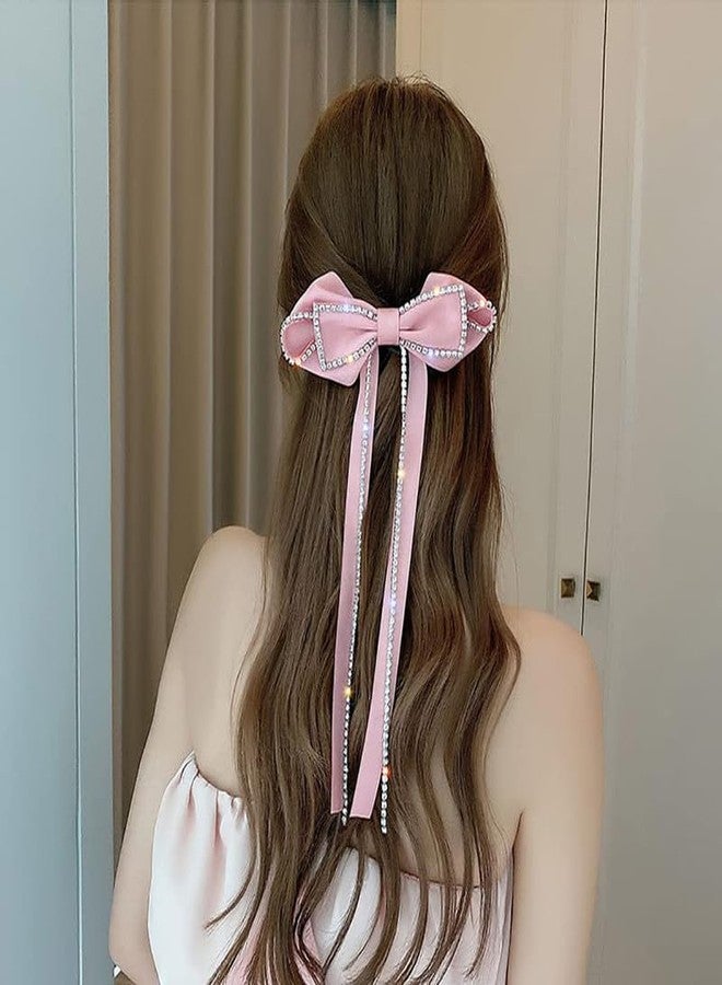 RECTYO GALLERY 1 pcs Luxury Elegant Rhinestones Hair Clip Big Bow Hairpins For Girls, Ribbon Long Tassel Rhinestone Headband Hair Clips Accessories French Design Barrettes Fashion (Pink) - Image 2