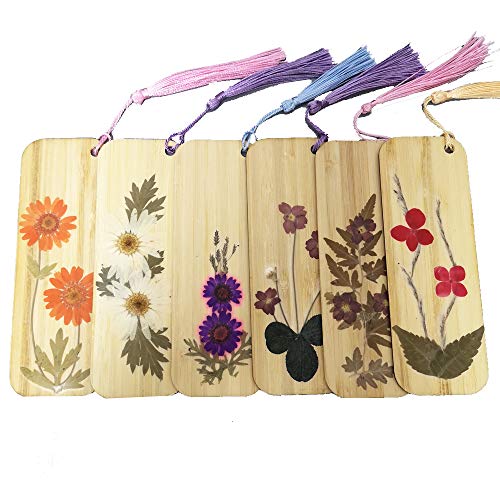 I-lan Set of 6 Wood Floral Bookmark, Vintage Bookmarker Set with Tassel, Reading Mark with Dried Flowers and Plants, Book Marks for Readers, Students, Church, Book Launch Party - Image 1