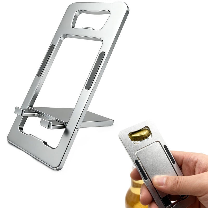 JYWYBF Durable Aluminum Phone Holder with Bottle Opener, Flat iPhone Stand for Desk, Cell Phone Stand for Travel Essentials & Office Accessories (Silver) - Image 1