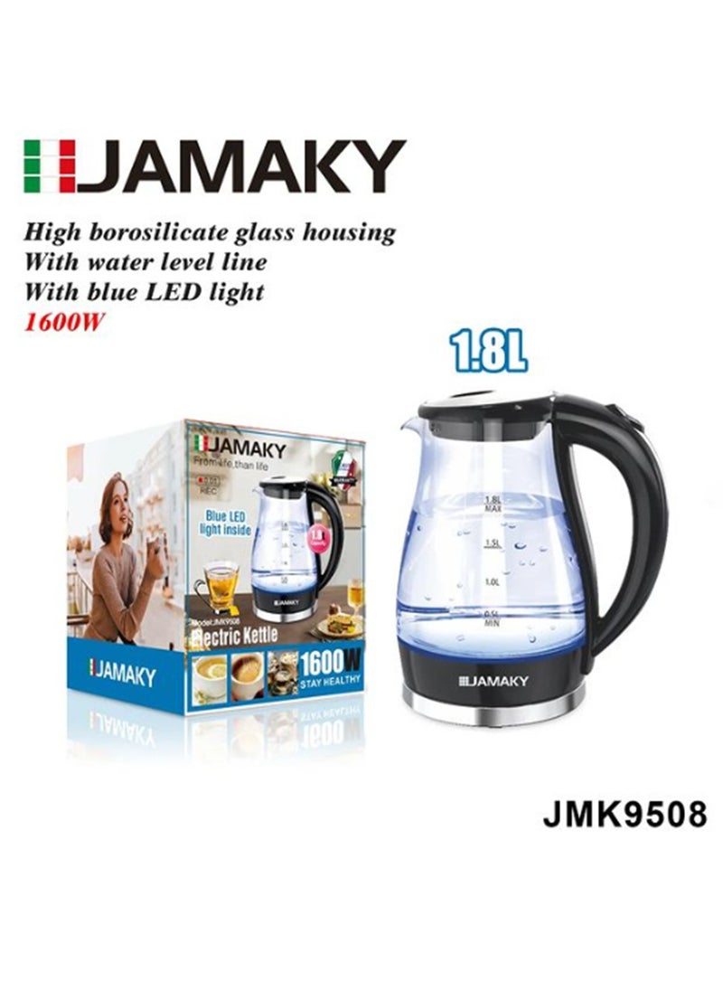 Jamaky Italy غلاية كهربائية سعة 1.8 لتر - بتقنية إيطالية وغطاء من زجاج البورسليكات العالي يستحمل الحرارة العالية  وتصميم انيق يضفي لمسة من الجمال في المكتب او المنزل سهل الاستخدام وسريع الاداء بقوة 1600 وات موديل JMK9508  - Image 2