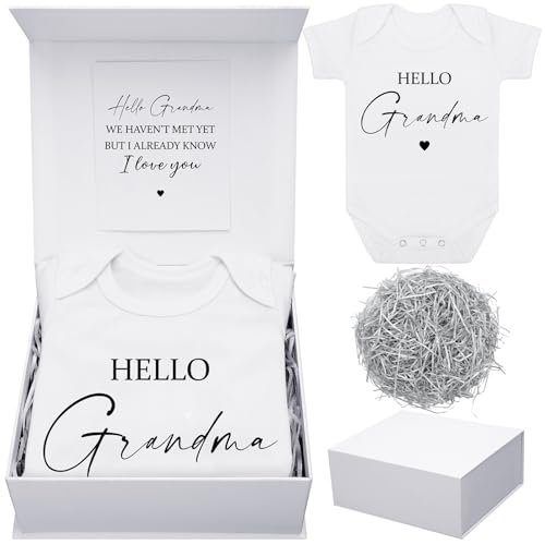 Shyyween 4 Pcs Pregnancy Announcement for Grandma, Hello Grandma Baby Bodysuit, Hello Grandma Pregnancy Reveal Card Baby Reveal Gift Box Baby Announcement Gifts Set for Grandma - Image 1