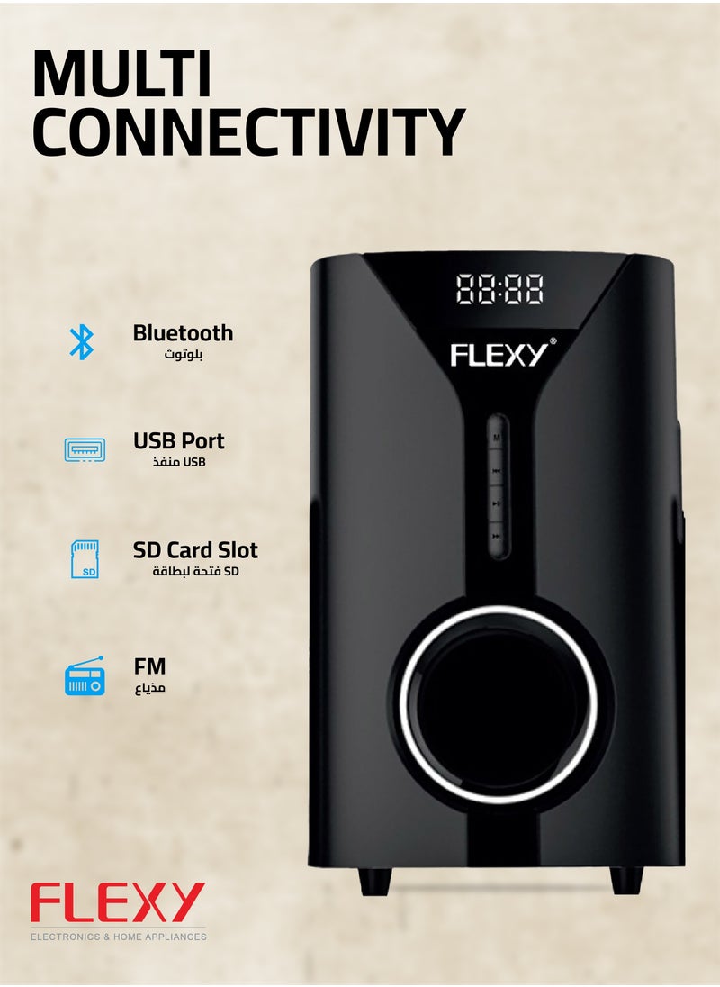 Flexy - 2.1 Channel Home Theater Speaker System with Sound Bar, 5000W PMPO Output, Bluetooth, USB/Card Playback, FM Radio, Powerful Subwoofer & Satellite Speakers, Remote Control - Image 1