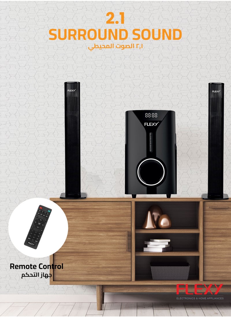 Flexy - 2.1 Channel Home Theater Speaker System with Sound Bar, 5000W PMPO Output, Bluetooth, USB/Card Playback, FM Radio, Powerful Subwoofer & Satellite Speakers, Remote Control - Image 1