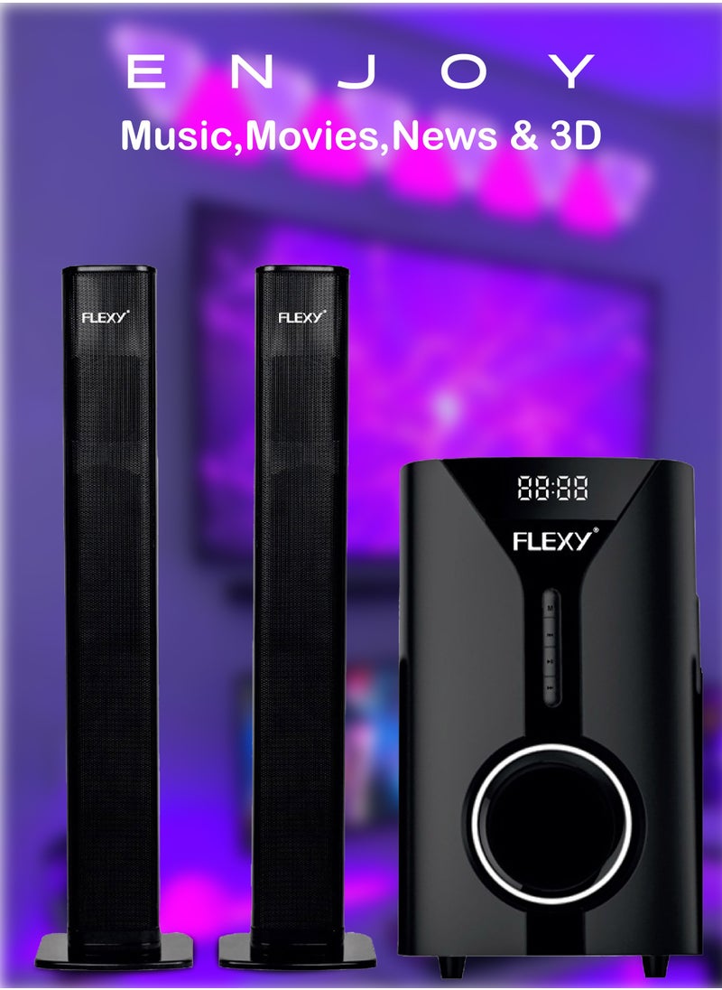 Flexy - 2.1 Channel Home Theater Speaker System with Sound Bar, 5000W PMPO Output, Bluetooth, USB/Card Playback, FM Radio, Powerful Subwoofer & Satellite Speakers, Remote Control - Image 1