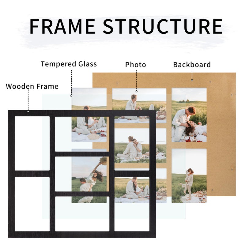 YESKAY 4x6 Picture Frame Collage for Wall Decor, Multiple Photo Collage Frames with Tempered Glass, 7-Opening for 4 x 6 Picture Frames, Rustic Black, 1 Pack - Image 2