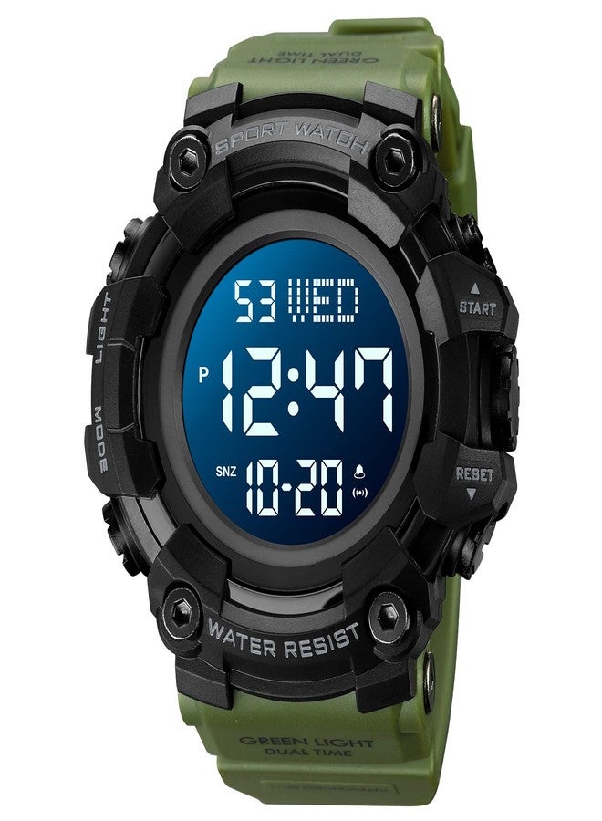 FANMIS Mens Military Multifunction Digital LED Watch Electronic Waterproof Alarm Quartz Sports Watch (Y Army Green) - Image 1