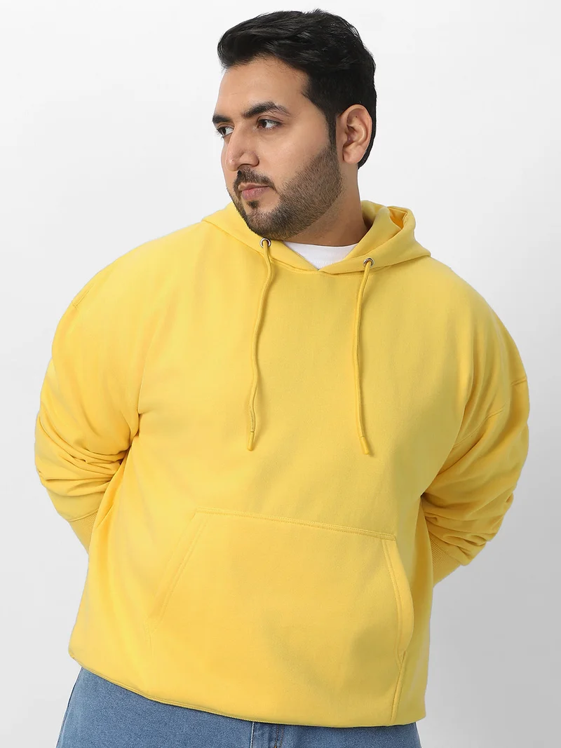 Urbano Plus Men's Sun Yellow Cotton Solid Oversized Hooded Neck Sweatshirt
