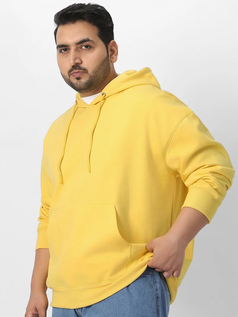 Urbano Plus Men's Sun Yellow Cotton Solid Oversized Hooded Neck Sweatshirt