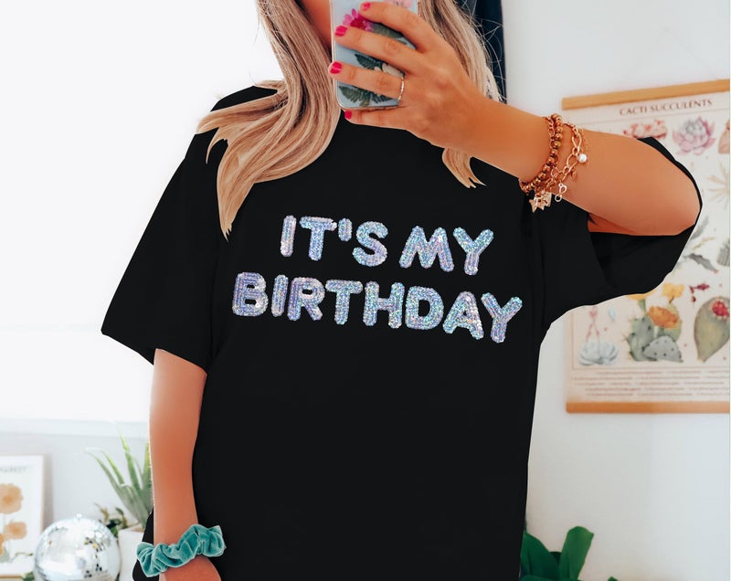 MYHALF Women Oversized Sequin Birthday Shirt: It's My Birthday Graphic Tees Funny Sparkling Girl Short Sleeve Crewneck Outfit Black - Image 5