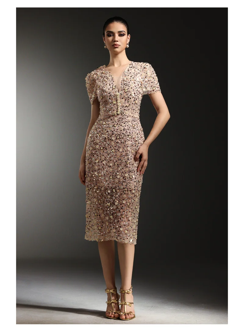 Rafik Short Sleeves V-Neck Diamond Pearl Maxi Dress