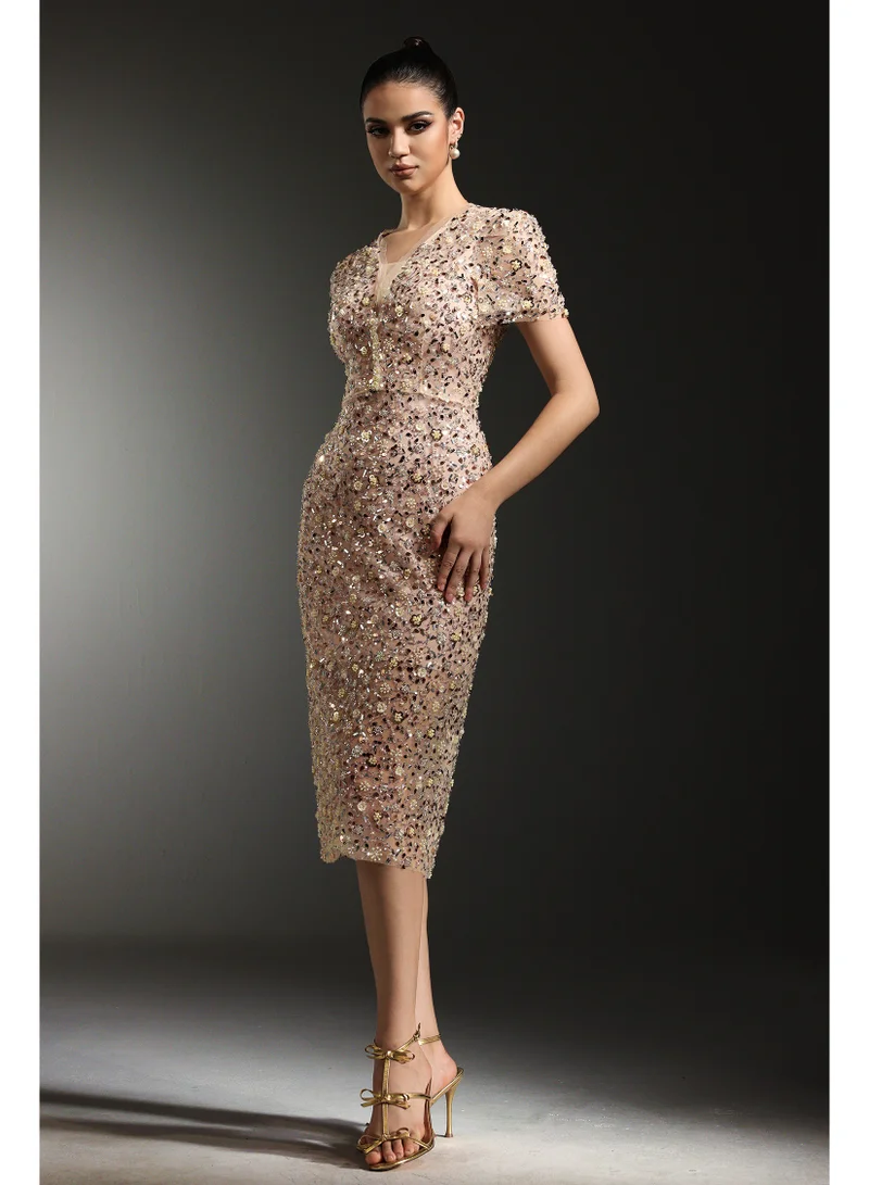 Bella Barnett Rafik Short Sleeves V-Neck Diamond Pearl Maxi Dress