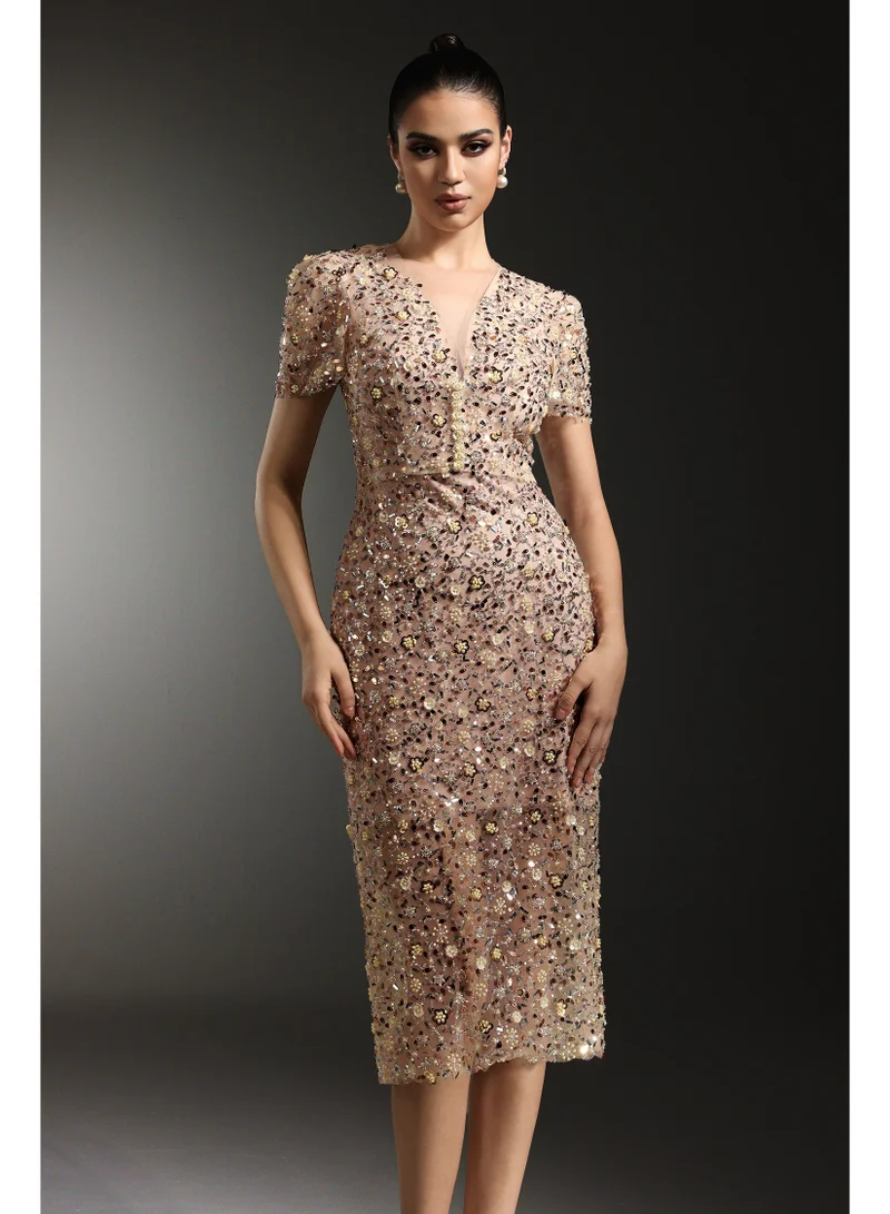 Bella Barnett  Rafik Short Sleeves V-Neck Diamond Pearl Maxi Dress for Women | Best Price UAE