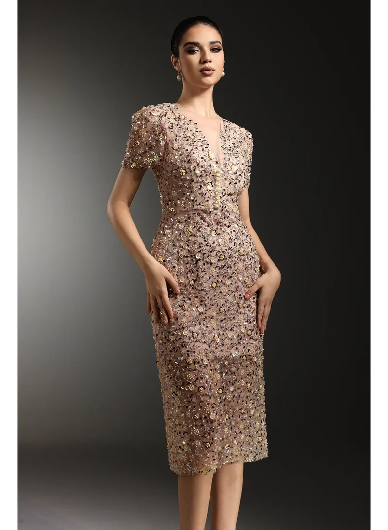 Bella Barnett  Rafik Short Sleeves V-Neck Diamond Pearl Maxi Dress for Women | Best Price UAE