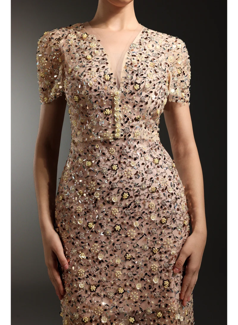 Bella Barnett  Rafik Short Sleeves V-Neck Diamond Pearl Maxi Dress for Women | Best Price UAE