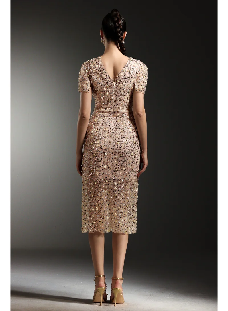 Bella Barnett  Rafik Short Sleeves V-Neck Diamond Pearl Maxi Dress for Women | Best Price UAE