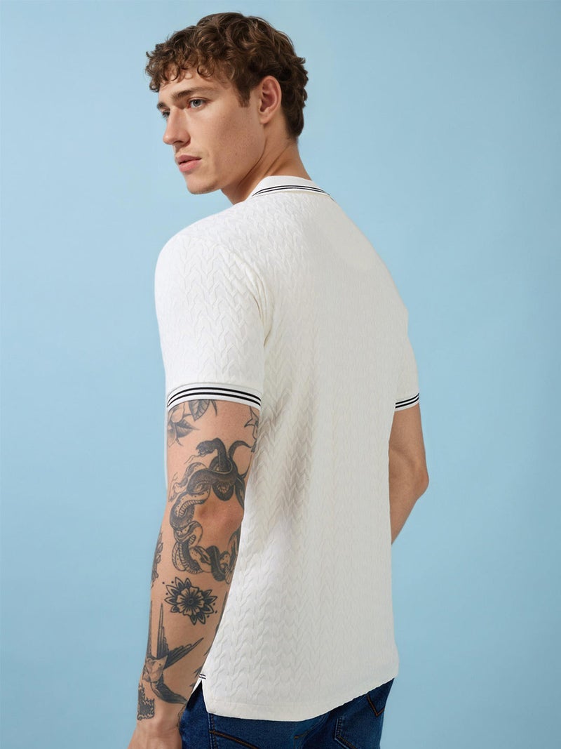STATUS QUO Textured Contrast Tipping Regular Fit White Polo T-shirt - Image 3