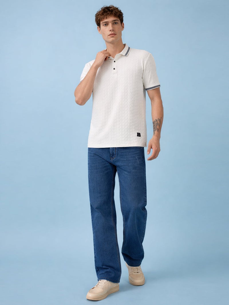 STATUS QUO Textured Contrast Tipping Regular Fit White Polo T-shirt - Image 5
