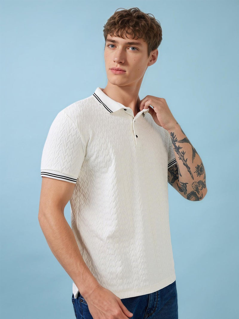 STATUS QUO Textured Contrast Tipping Regular Fit White Polo T-shirt - Image 2