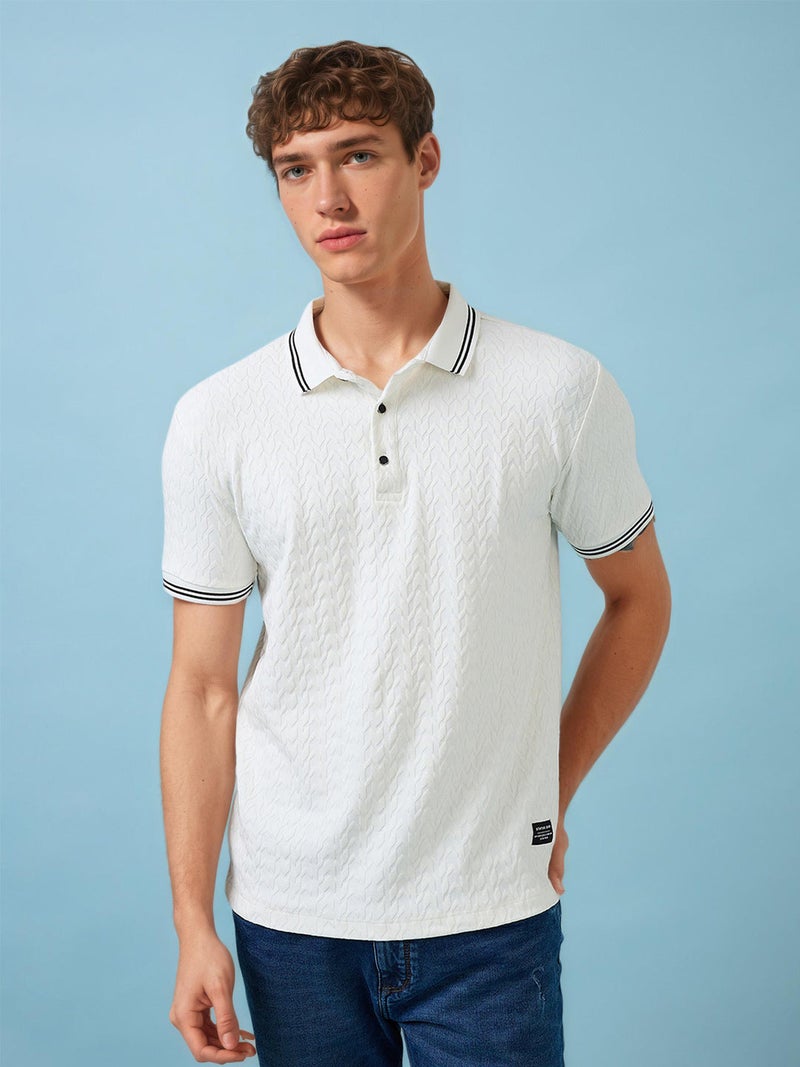 STATUS QUO Textured Contrast Tipping Regular Fit White Polo T-shirt - Image 1