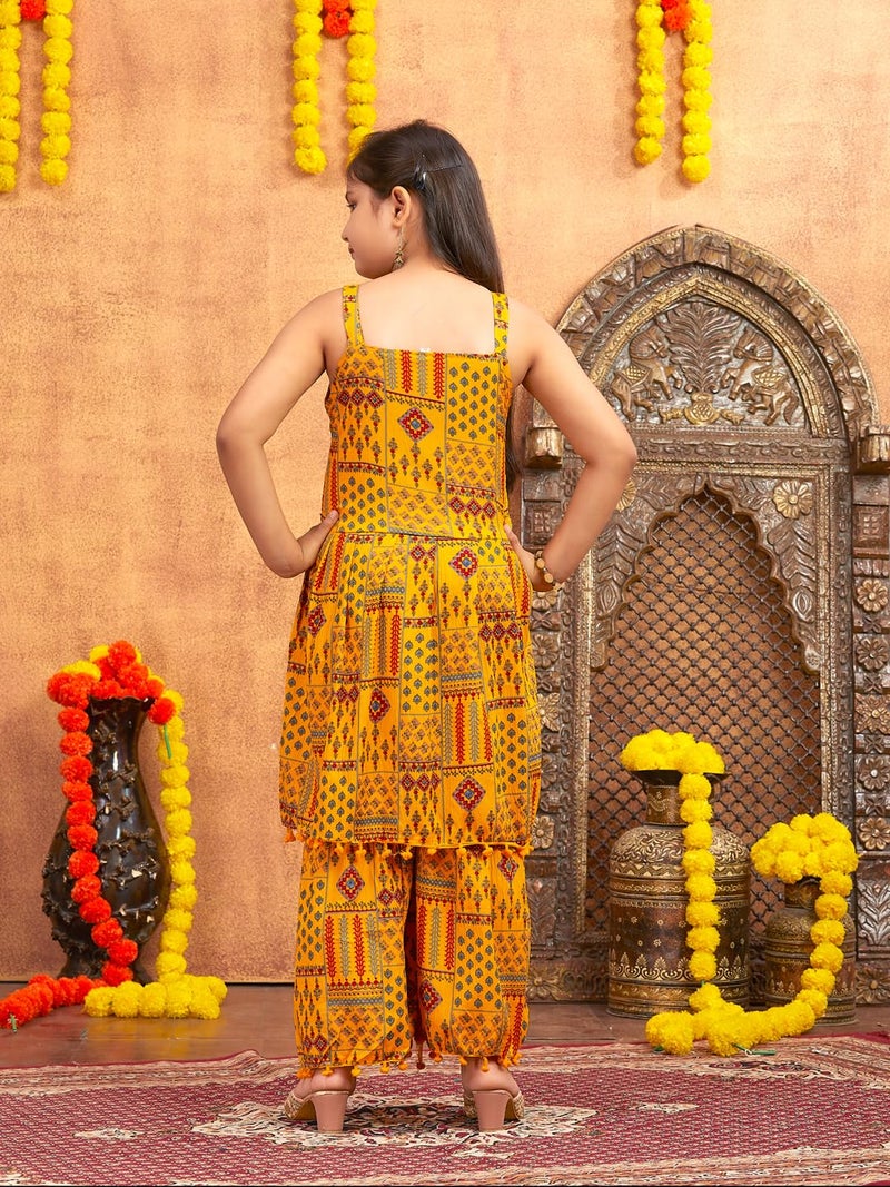aarikka Aarika Girls Ethnic Wear Yellow Colour Printed Mirror Lace Polyester Kurti Sharara Set (4-10 Years) - Image 4