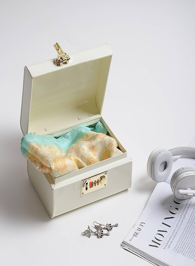 إيلان صندوق تخزين معدني طويل بتصميم عتيق من إيلان، صندوق باريس مزخرف بلمسات ذهبية، صندوق مجوهرات قابل للقفل، صندوق هدايا وكنز لتزيين المنزل (لون أبيض كريمي). - Image 5