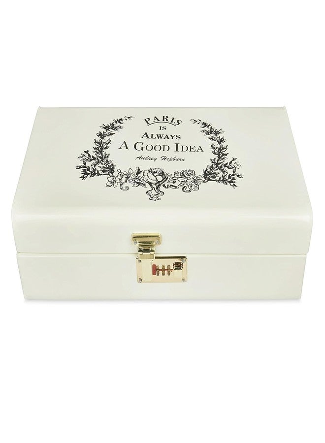 إيلان صندوق تخزين معدني طويل بتصميم عتيق من إيلان، صندوق باريس مزخرف بلمسات ذهبية، صندوق مجوهرات قابل للقفل، صندوق هدايا وكنز لتزيين المنزل (لون أبيض كريمي). - Image 1