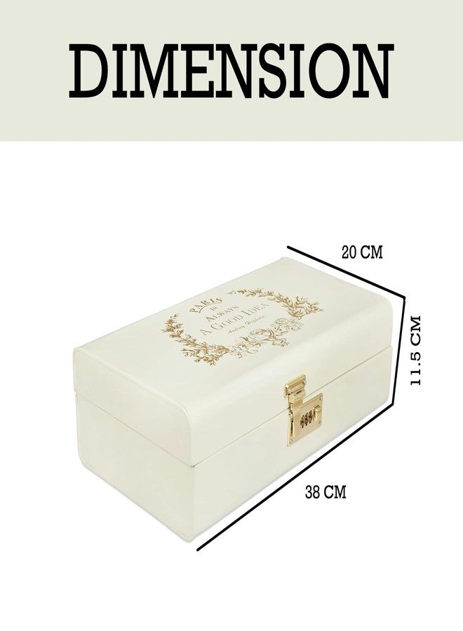 إيلان صندوق تخزين معدني طويل بتصميم عتيق من إيلان، صندوق باريس مزخرف بلمسات ذهبية، صندوق مجوهرات قابل للقفل، صندوق هدايا وكنز لتزيين المنزل (لون أبيض كريمي). - Image 2