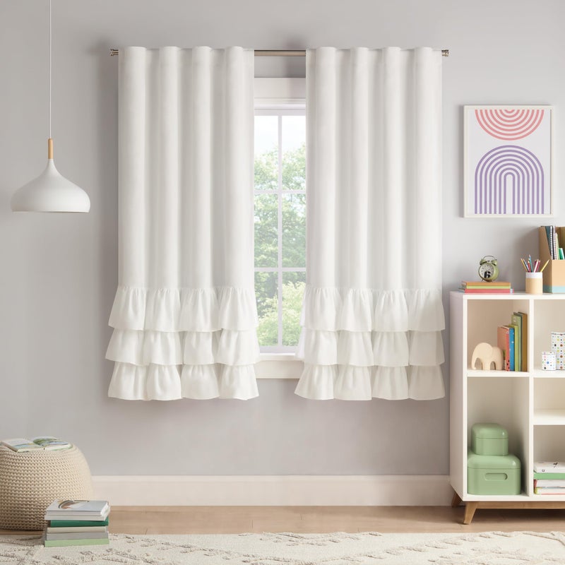 Eclipse Blackout Curtain, Tiered Ruffle Kids Curtain, 63 in x 40 in, Thermaback 100% Blackout Curtain with Rod Pocket Header, Curtain for Kids Room or Playroom, 1 Window Curtain, White - Image 1