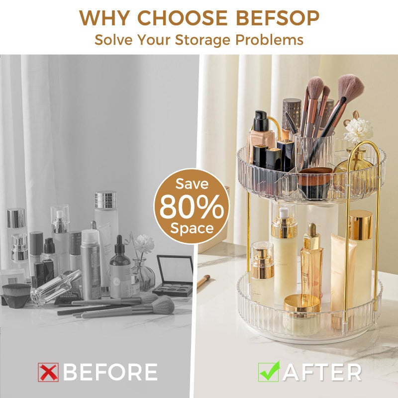 BEFSOP 360Â° Rotating Makeup Organizer, Upgraded 2 Tier Skincare Perfume Organizers for Women, Bathroom Organizer Countertop, Clear Cosmetic Dresser Organizer with Makeup Brush Holder, Sink&Counte (Clear) - Image 3